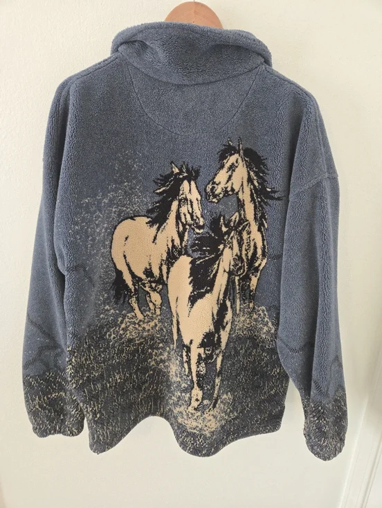 Vintage Bear Ridge Outfitters Fleece Jacket Wild Horses Mens XL Front Back Desig - Picture 2 of 7